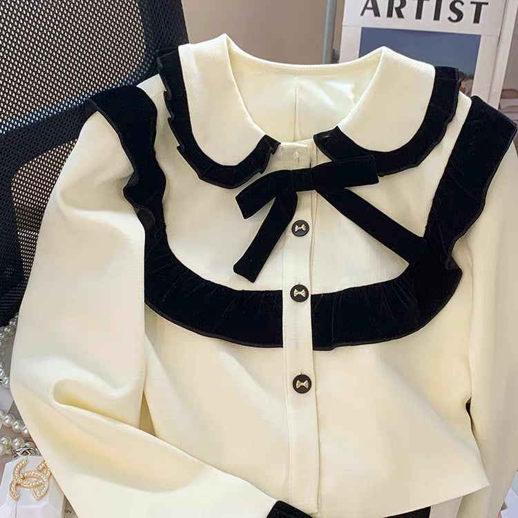 French Retro Doll Collar Contrast Color Short Jacket Women's 2023 Autumn New Fashion Age-Reducing Western Style Long-Sleeved Top V1128