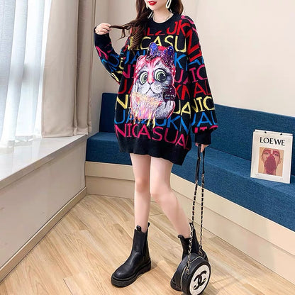 Design niche sweater women's loose outer wear mid-length 2023 new autumn and winter lazy style long-sleeved knitted top