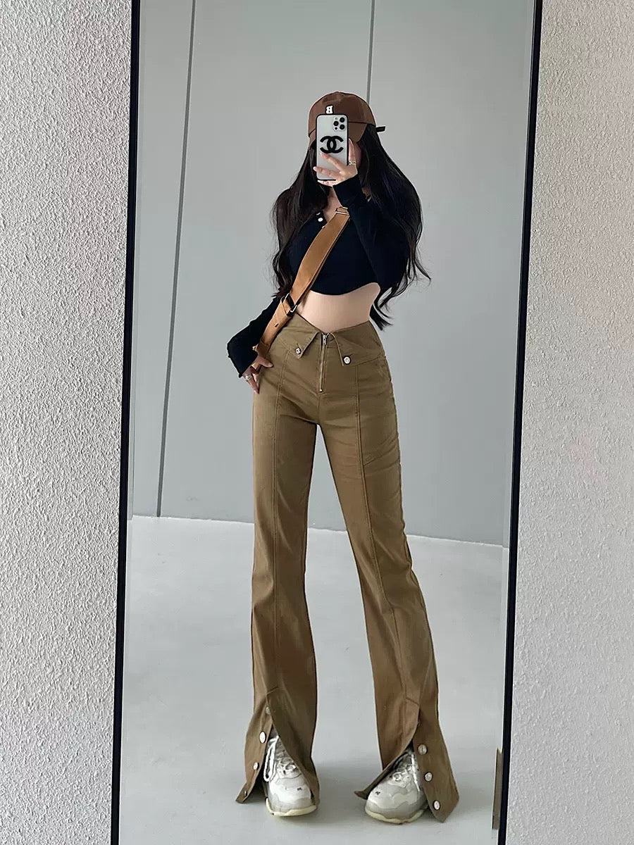 American-style retro high-waisted skinny slimming slightly flared legs with long slit jeans mopping trousers