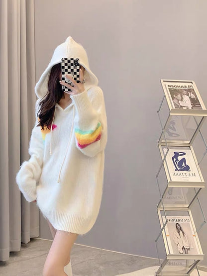 Gentle and windy mohair color-blocked hooded sweater for women in winter, warm, high-end, chic and age-reducing top ins T3453