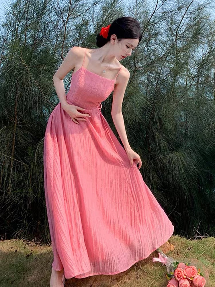 French pink high-end sexy backless suspender dress female summer fairy temperament seaside holiday princess long skirt