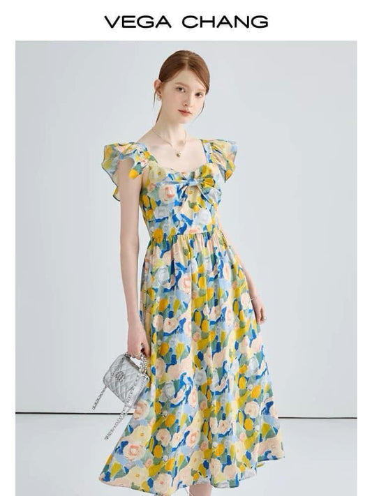 VEGA CHANG French floral dress female 2024 summer new style palace style slim sling tea break long dress