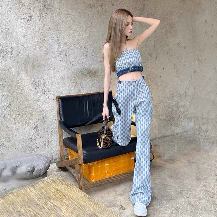 Wide-leg pants suit women's spring and autumn 2023 new autumn clothes small plaid casual trousers tube top fashion two-piece set