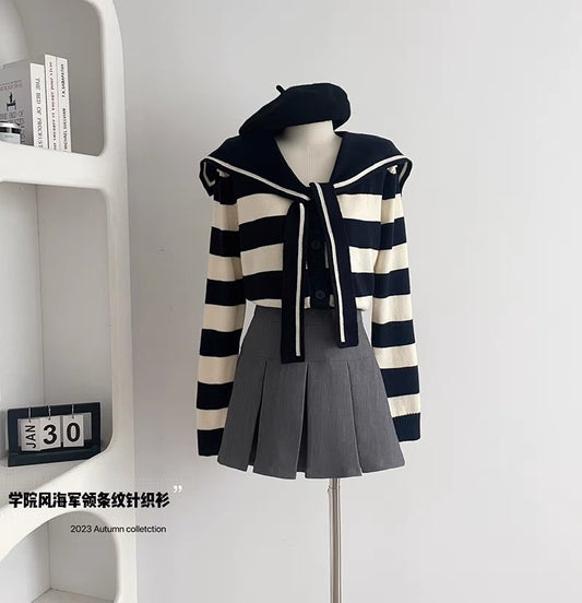 Navy collar striped sweater women's spring and autumn 2023 new autumn tops college style long-sleeved pullover sweater