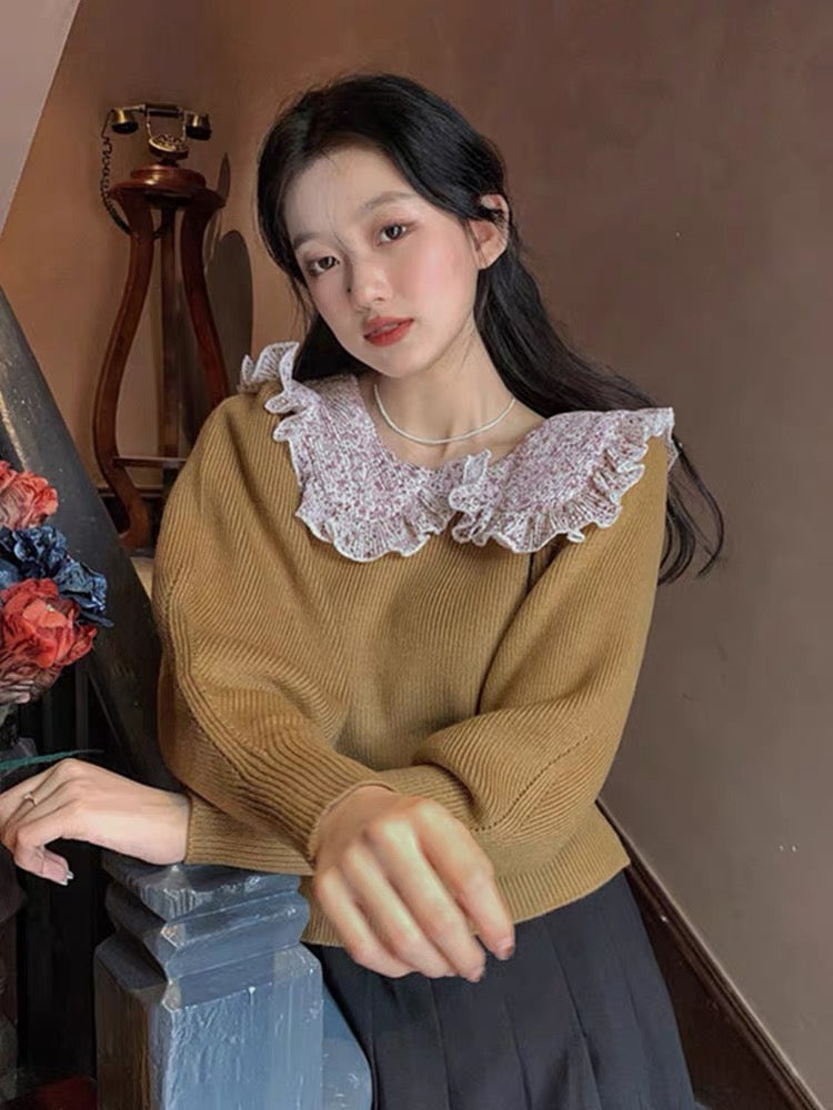 Large size lace splicing doll collar solid color sweater women's autumn and winter 2023 new loose outer wear long-sleeved knitted top