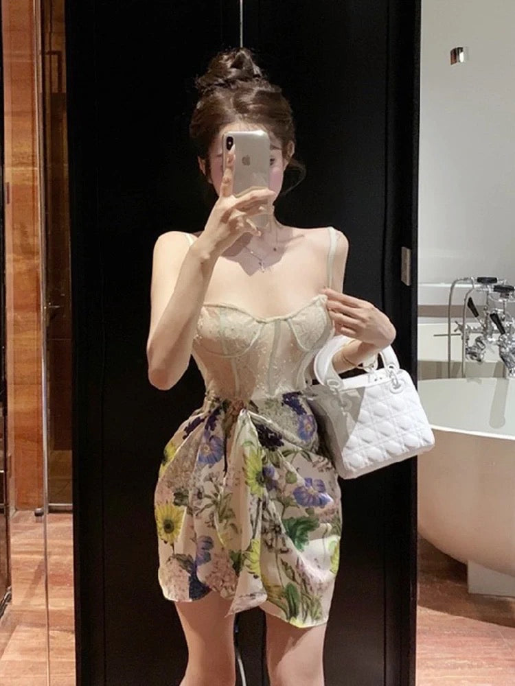 Summer dopamine wear small floral suspender dress feminine tube top streamer waist bag hip skirt