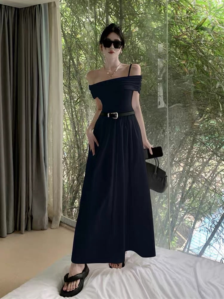 French Hepburn style white temperament high-level one-shoulder suspender dress women's summer waist slimming long skirt