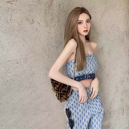 Wide-leg pants suit women's spring and autumn 2023 new autumn clothes small plaid casual trousers tube top fashion two-piece set