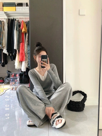 Early autumn new fake two-piece knitted sweater top looks thin lazy wide-legged pants women's casual sports two-piece suit