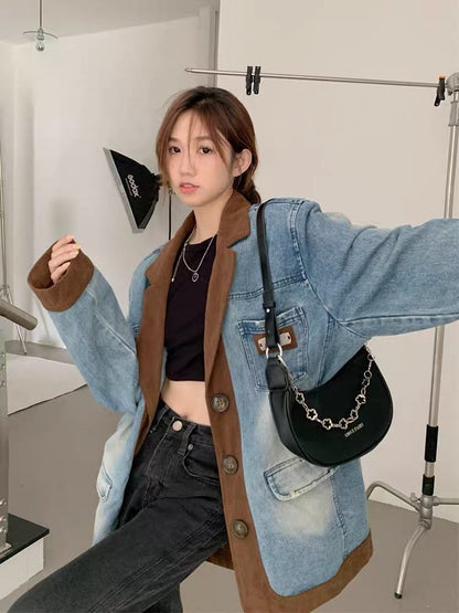 American retro corduroy stitching suit denim jacket female spring and autumn high-quality loose bf lazy silhouette top