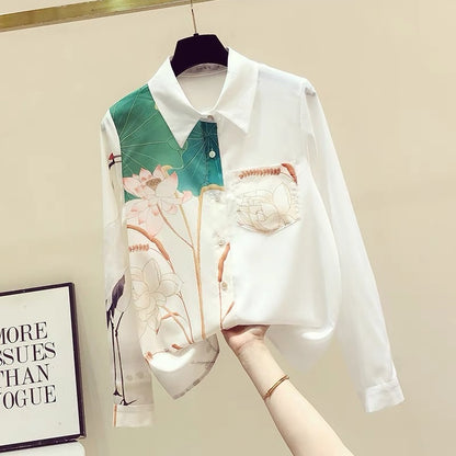 High-end national style printed white shirt female temperament fashion foreign style chiffon long-sleeved top spring and autumn design sense niche