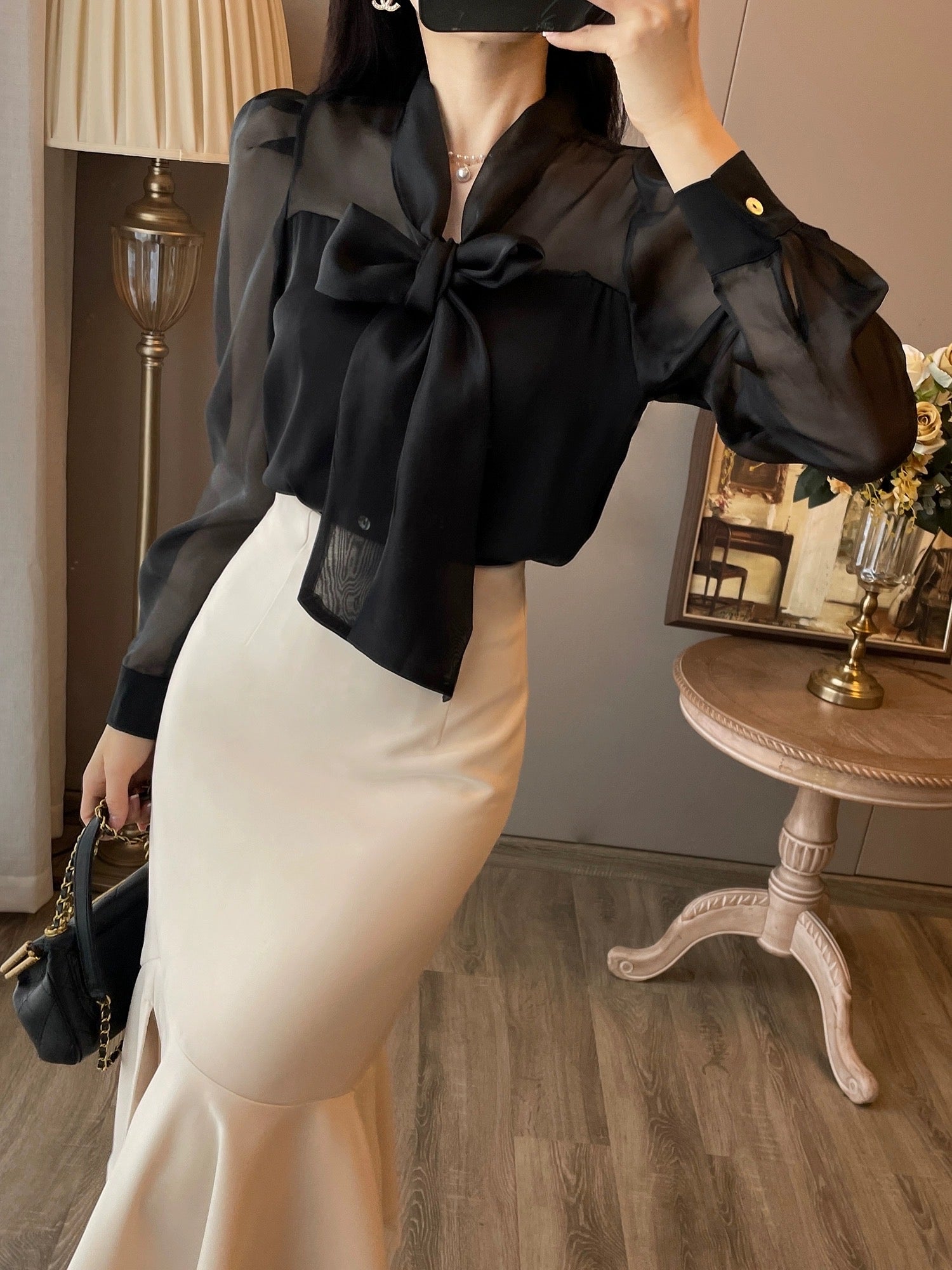 Satin high-quality long-sleeved shirt black 2023 autumn new