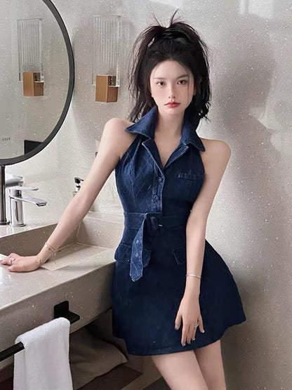 Pure desire babes high-end sexy design niche polo suit collar waist slim hanging neck denim dress female summer