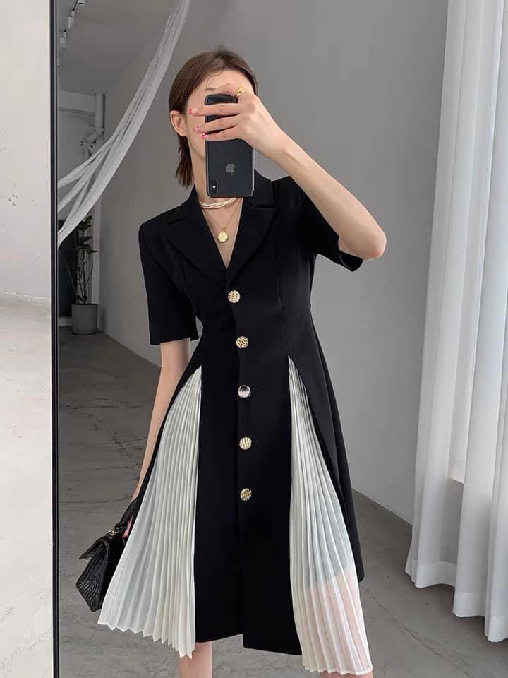 FT GUOGE black suit dress female 2023 summer new design sense niche temperament Hepburn style long skirt