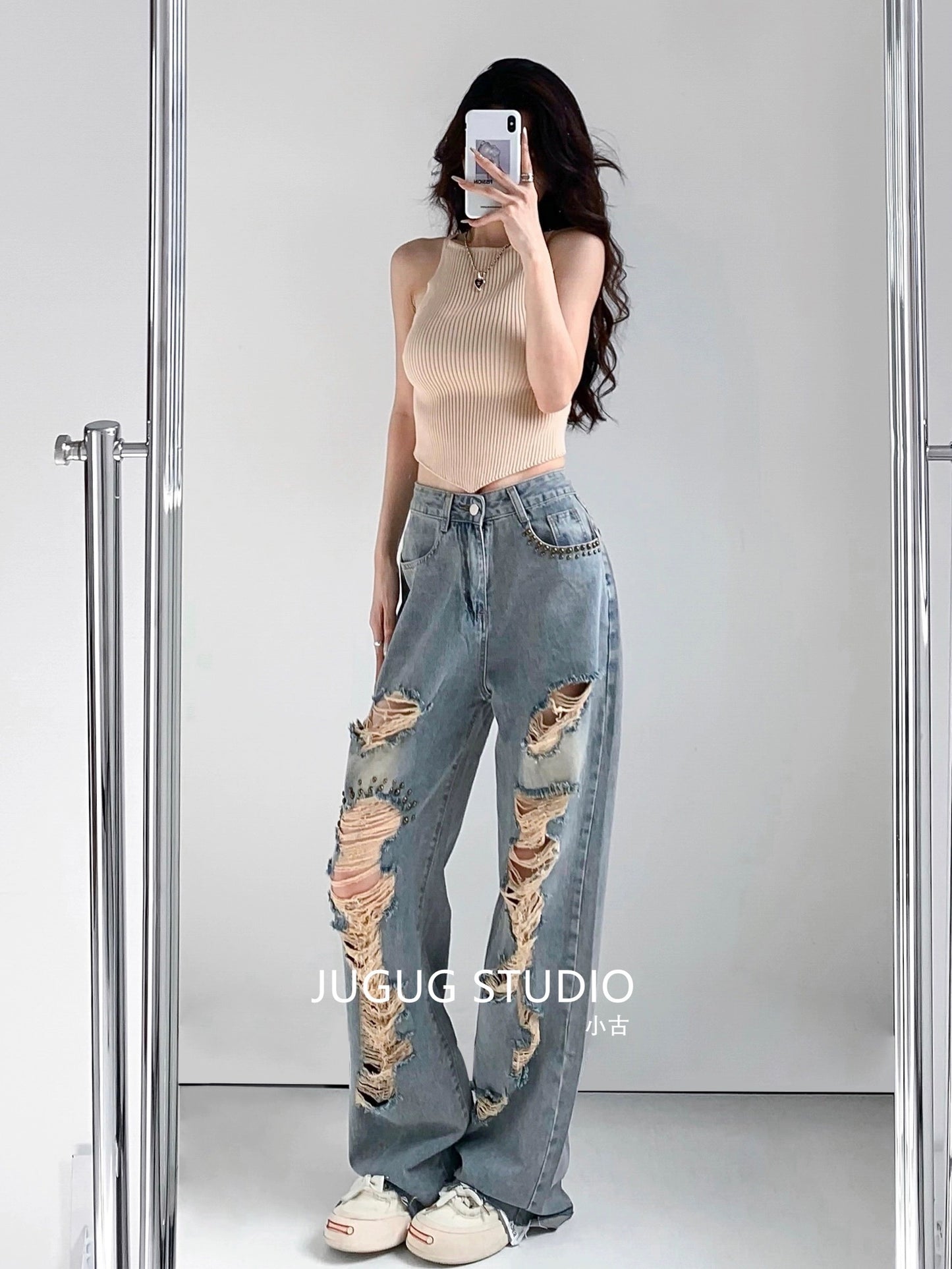 JUGUG2023 summer ripped jeans women's light-colored washed design sense rivets loose wide-leg mopping trousers