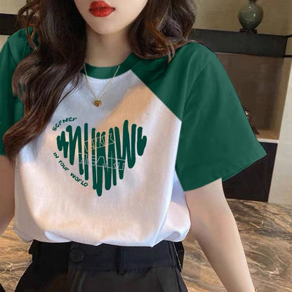 Splicing and contrasting color front shoulder pure cotton short-sleeved t-shirt women's 2023 summer new loose tops niche design trendy