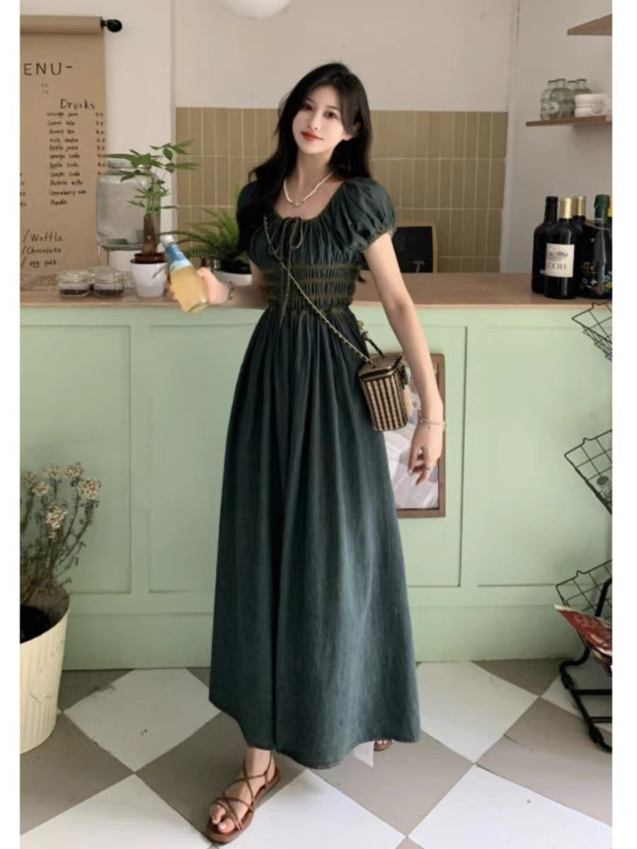 Retro wash water pleated tie puff sleeve denim dress women's summer