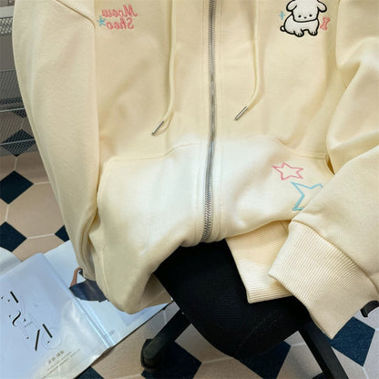 High-end and beautiful dog embroidered hooded sweatshirt for men and women in spring and autumn, Japanese style, soft girl, cute jacket and cardigan