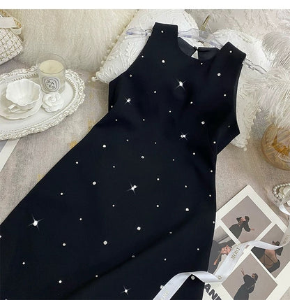 FFmiss Celebrity Style Black Nail Beads Backless Diamond Dress Summer Heavy Industry Nail Diamond Waist Waist Vacation Little Black Dress