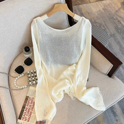 Hollow holed pullover sweater for women early autumn new French thin sun protection sweater lazy long-sleeved top to reduce age