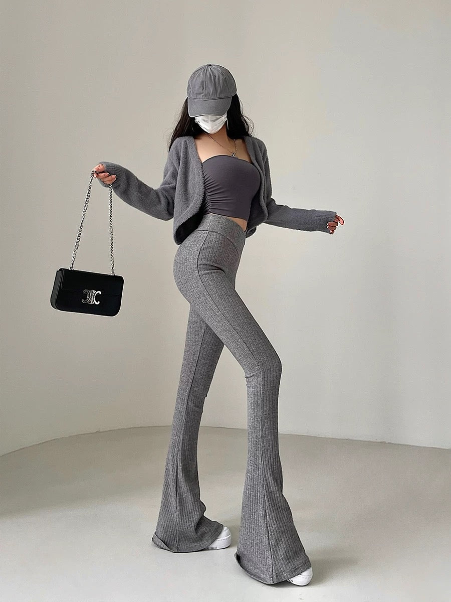 European and American high-waist V-shaped trousers tight-fitting slightly flared legs long knitted casual trousers mopping trousers