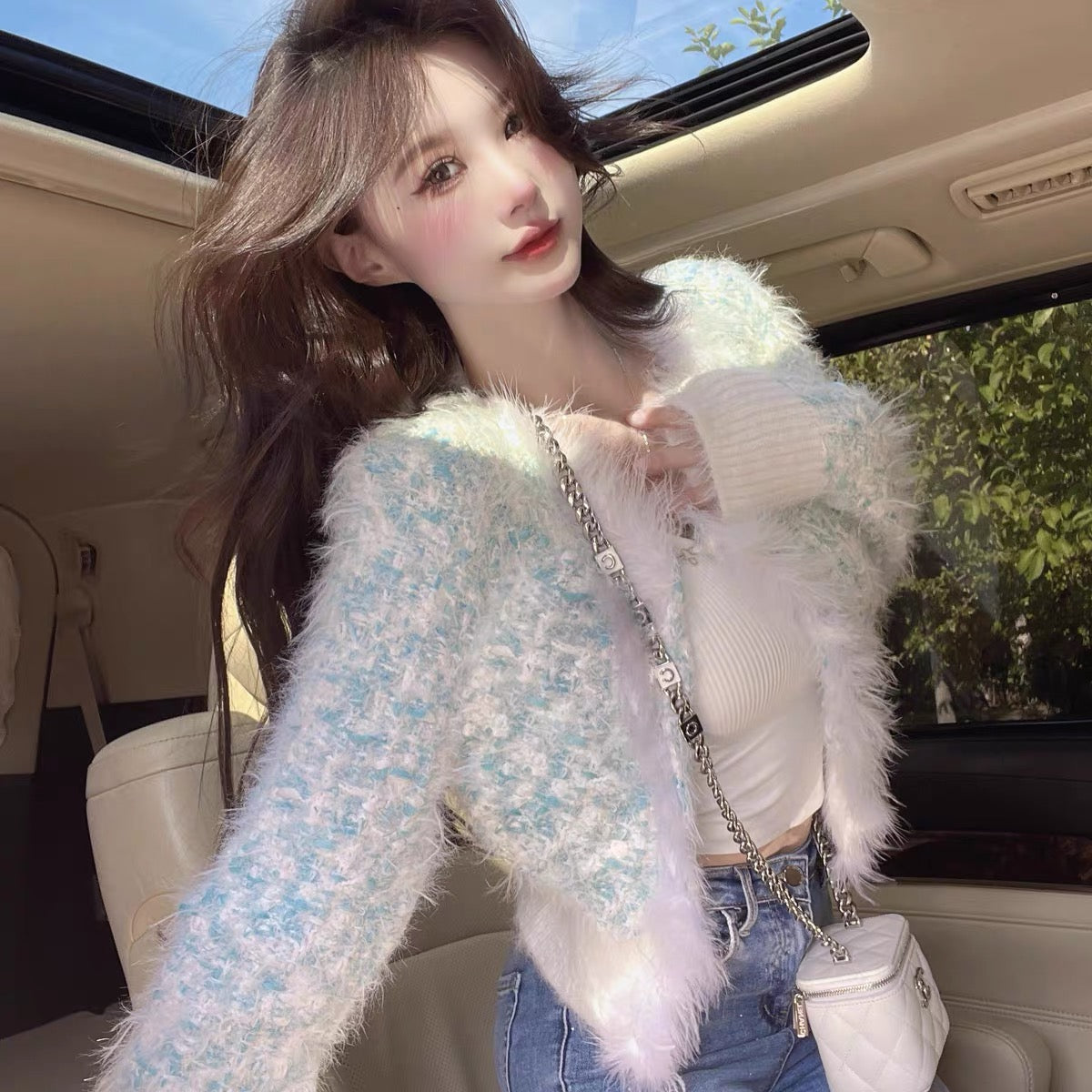 Xiaoxiangfeng high-end gentle plush splicing long-sleeved sweater jacket for women in autumn and winter, unique and slim trendy top