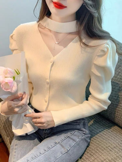 2023 New Puff Sleeve Knitwear Women's Autumn and Winter Bottoming Shirt Fashionable Temperament Hollow V-neck Halter Top