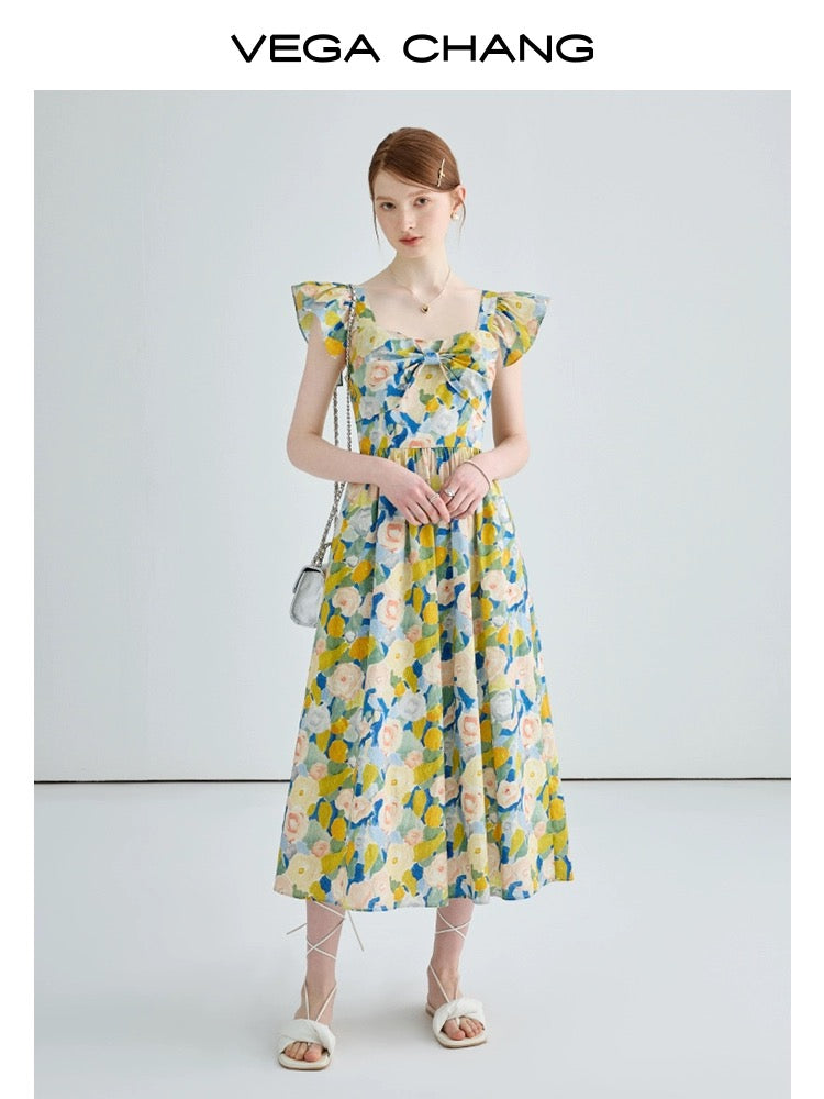 VEGA CHANG French floral dress female 2024 summer new style palace style slim sling tea break long dress