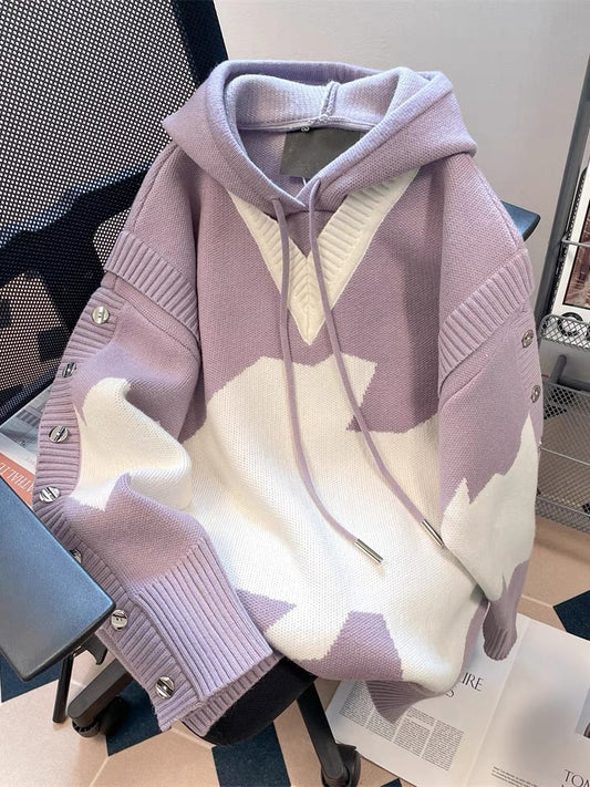 American high-end fashion brand hooded knitted sweater for men and women in spring and autumn oversize contrast color fake two-piece sweater jacket