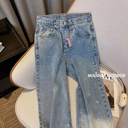 Gradient hot diamond jeans women's autumn thin section 2023 new high waist belt diamond bead straight tube wide leg pants