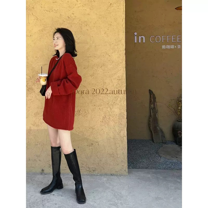 Atmospheric natal New Year and Christmas red knitted sweater for women in autumn and winter, loose and slim, western-style mid-length top T9496