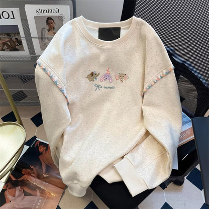 Sweet Japanese style, super good-looking, cute cartoon embroidered sweatshirt for men and women in spring and autumn, lazy style, age-reducing, fashionable straight shoulder top