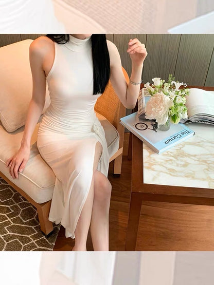 Doudoujiang chic/sister battle skirt/sexy slim dress female summer high collar slit waist slimming dress