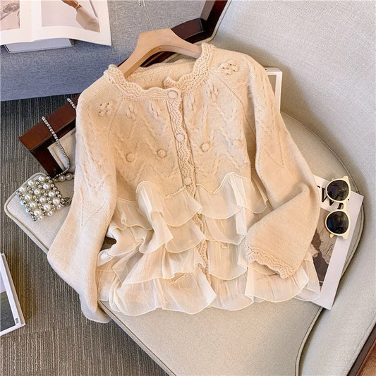 Gentle lady style knitted hollow ruffle spliced long-sleeved knitted cardigan for outer wear and inner top for women in autumn