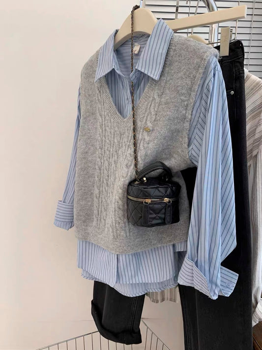 Gray V-neck sweater vest for women in spring and autumn. Small shirt with knitted vest. Layered two-piece spring outfit