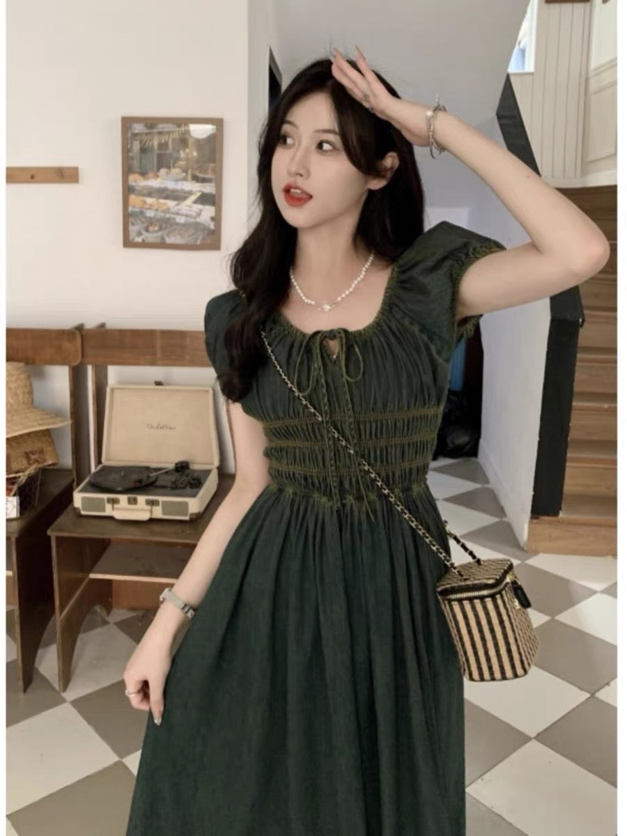 Retro wash water pleated tie puff sleeve denim dress women's summer