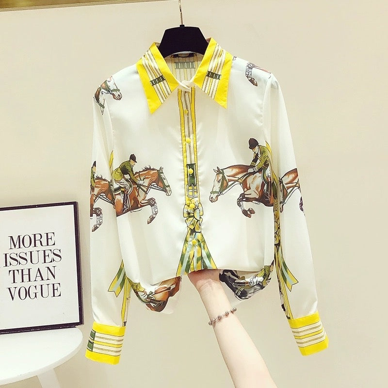 Retro Hong Kong style contrasting color printed shirt ladies foreign style chiffon long-sleeved top early spring and autumn 2023 new design sense