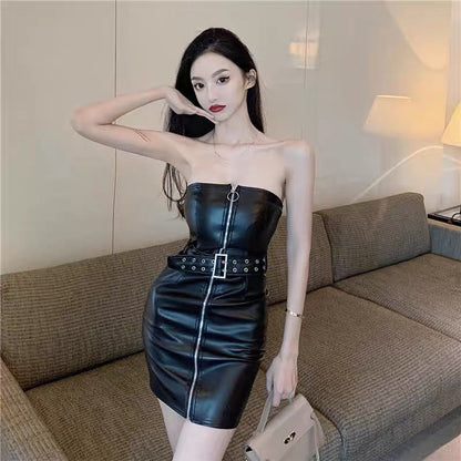 Nightclub jumping di black hot girl senior sexy tube top PU leather slim-fit bag hip one-shoulder collarbone dress female summer