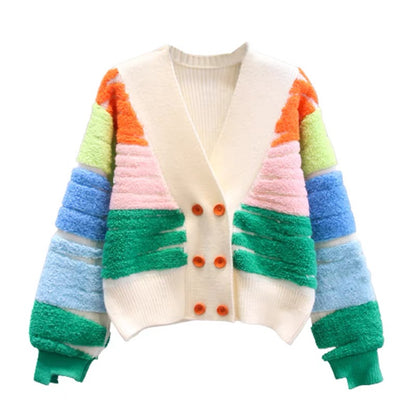 Contrast color V-neck double-breasted sweater jacket for women autumn and winter 2023 new loose lazy style high-end knitted cardigan