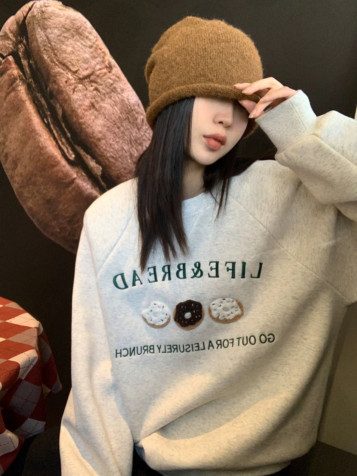 Ayi Sea Salt Donut Round Neck Sweatshirt Women's Spring and Autumn New Loose American Contrast Color Oversize Top