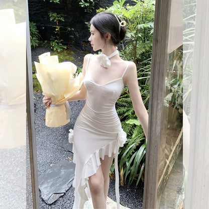 High-end exquisite hot girl irregular hem ruffles suspender dress flower slit sexy bag hip mid-length skirt