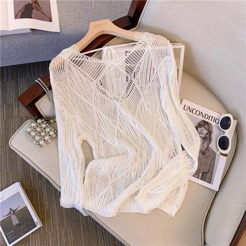 V-neck ice silk long-sleeved sunscreen T-shirt for women early autumn 2023 new hollow loose knitted blouse thin top niche