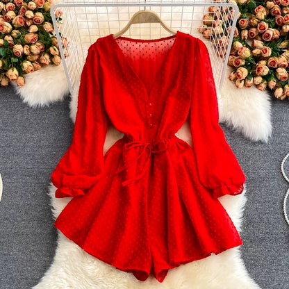 Summer new fashion loose v-neck single-breasted waist strap chiffon puff sleeve jumpsuit wide-leg shorts trend