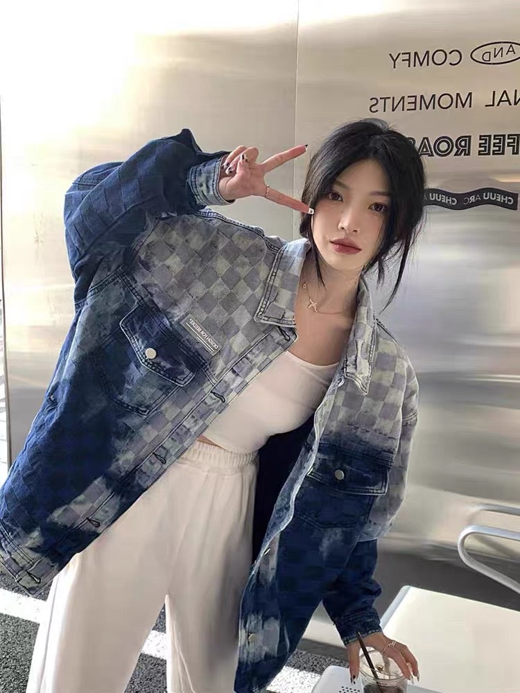 American retro high street gradient checkerboard denim jacket female spring and autumn high-quality niche jacket top small man