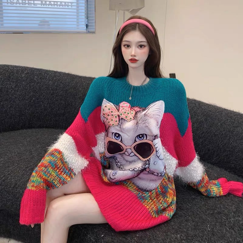 European long-sleeved sweater for women, thickened new style, loose Korean version, heavy industry cat print, mid-length large size sweater T3440