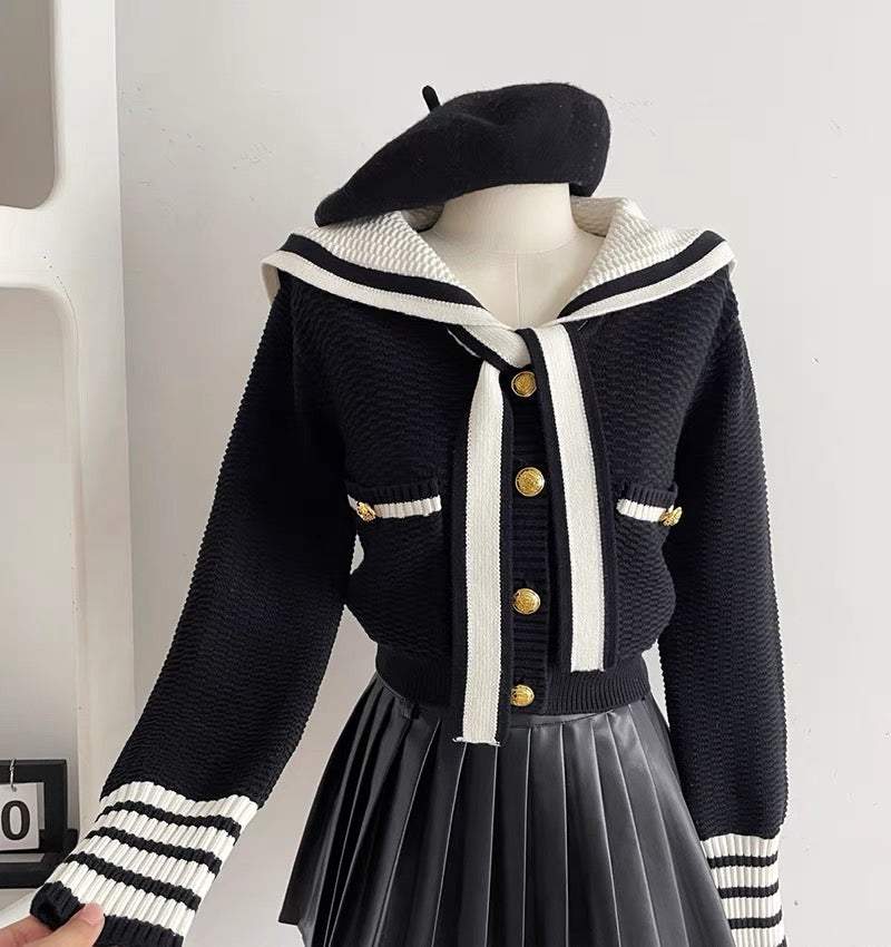 Duolaimei Naval Academy age-reducing college style navy collar tie contrasting soft waxy short knitted top