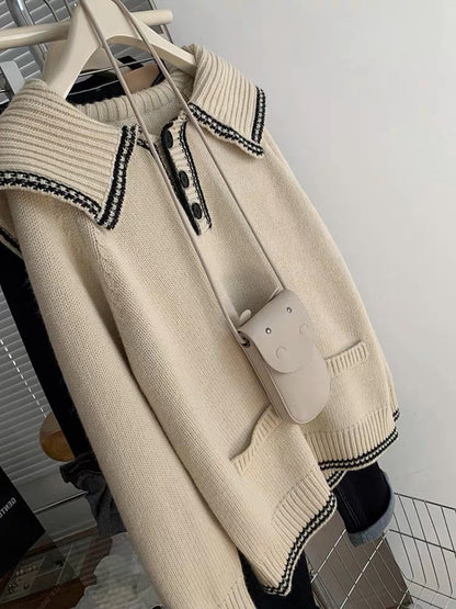 Cotton color doll collar pullover sweater for women in autumn and winter, loose and lazy style niche knitted sweater top (S152)