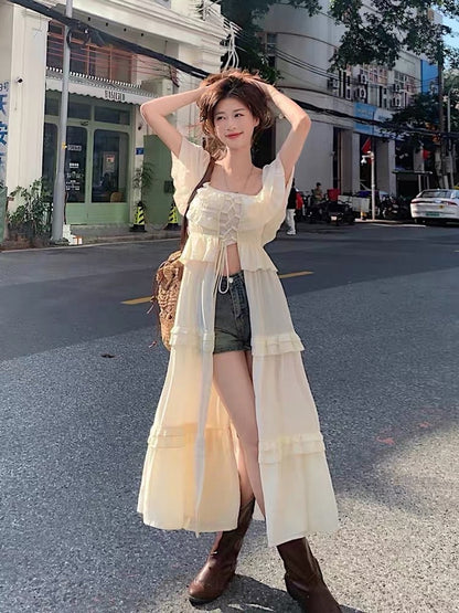 Sunscreen cardigan, small flying sleeves, one-shoulder dress, fairy summer, high-end design, loose seaside holiday long skirt