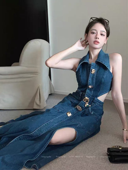 French retro sleeveless denim dress women's summer temperament high-end sexy hollow out waist slit unique long skirt