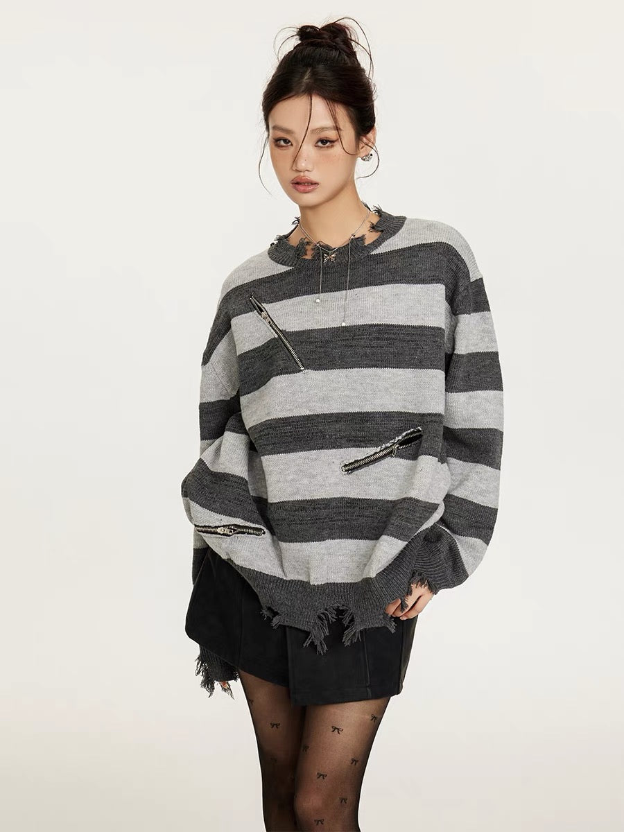 Sanowers American retro raw edge frayed zipper splicing sweater women's autumn loose lazy style couple's knitted sweater